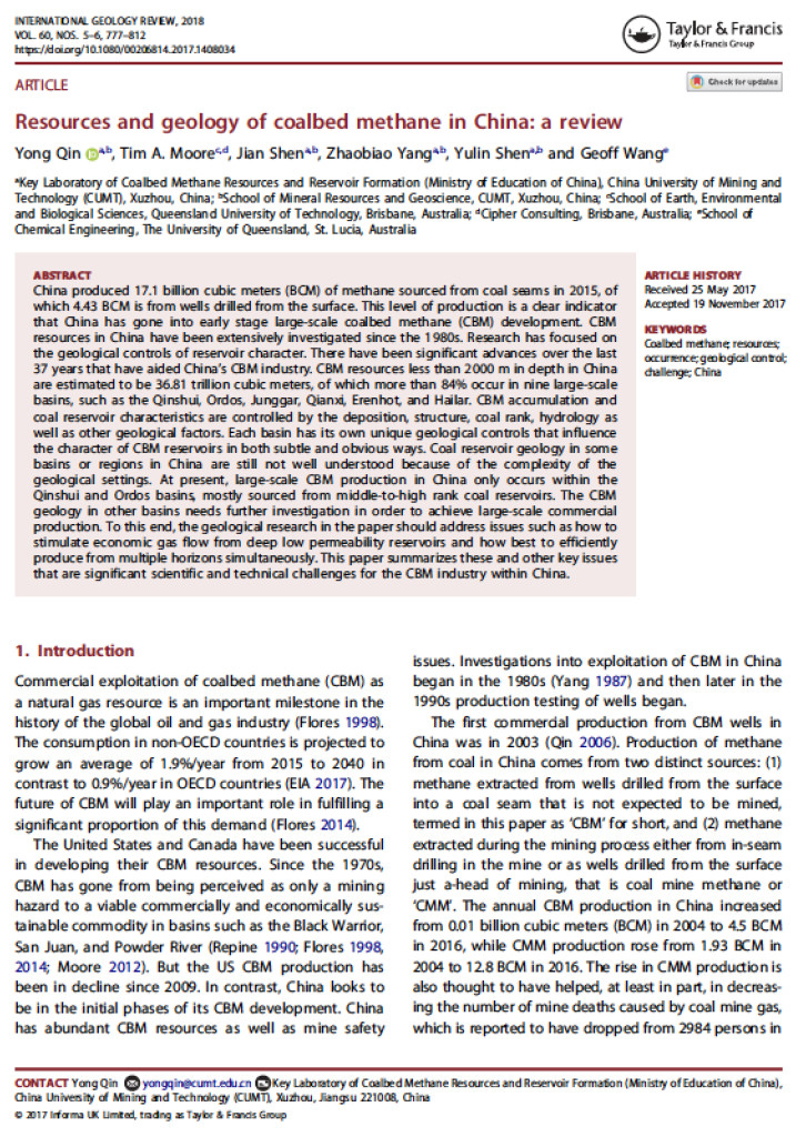 | NEW PAPER: Resources and Geology of Coalbed Methane in China: A ...