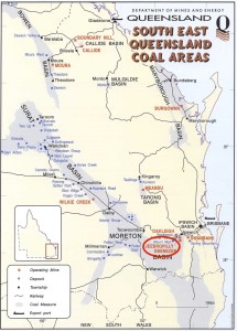 Map of SE Queensland showing Surat Basin and location of Jeebropilly coal mine. 